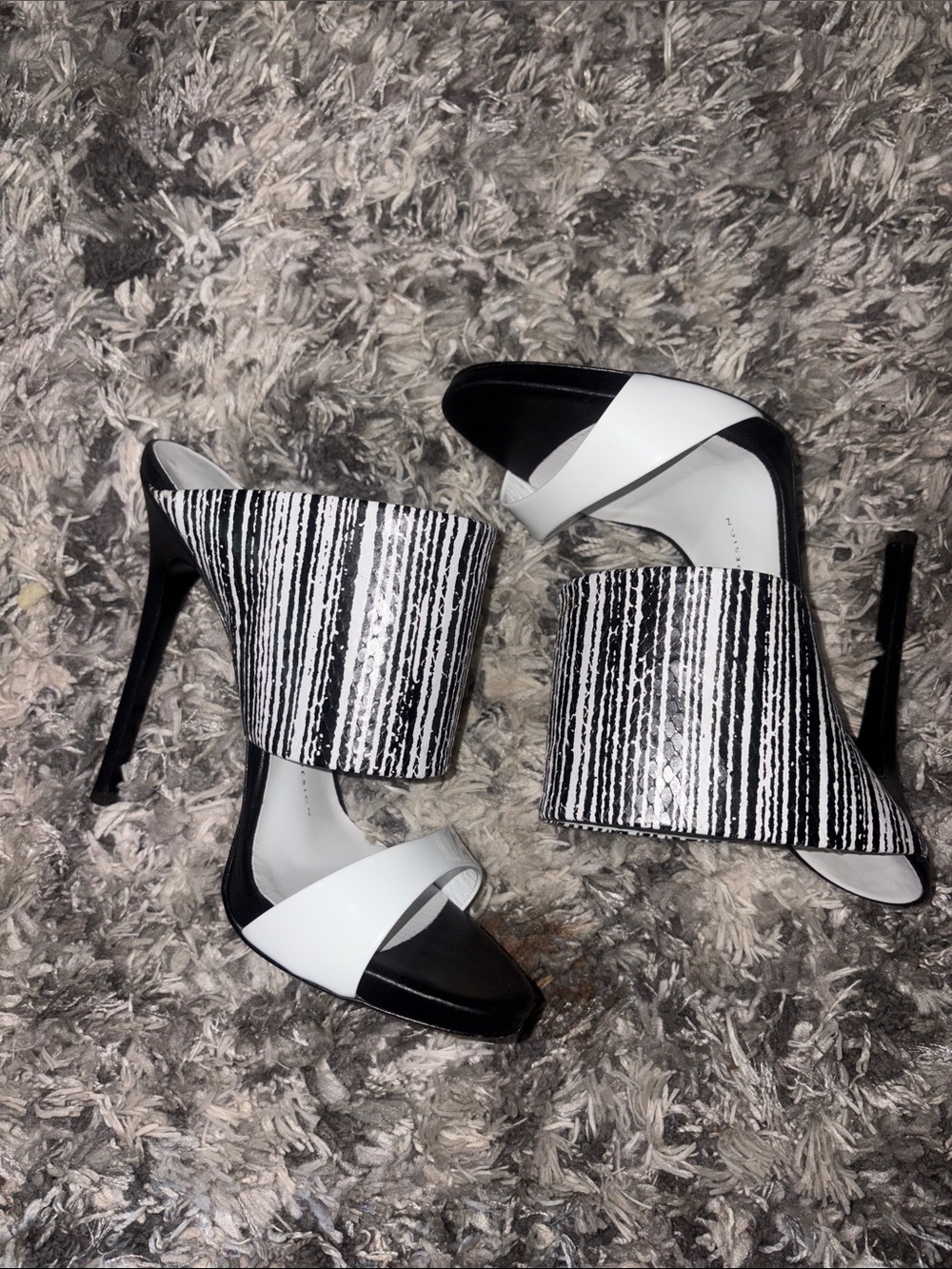 Giuseppe Zanotti Black & White Striped High Heel Slide Sandals Size 37